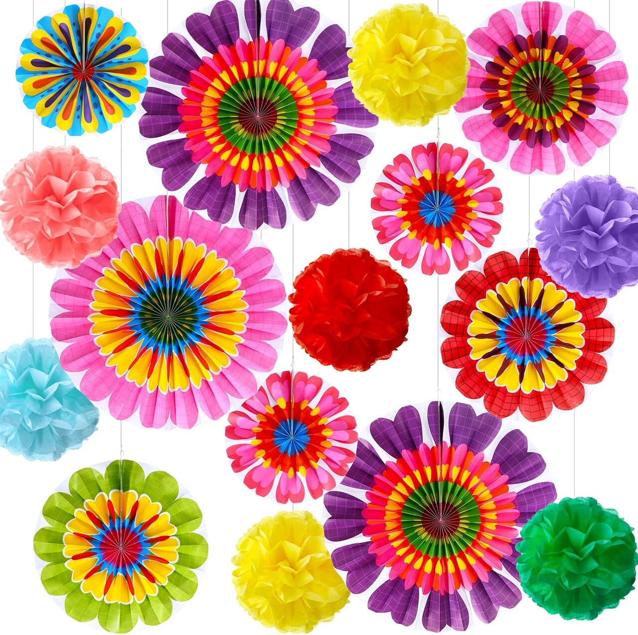 21-Piece Spring Flower Hanging Paper Fans Set | Tissue Pom Poms & Floral Ceiling Decor for Classroom, Wedding, Birthday & Springtime Summer Party Supplies